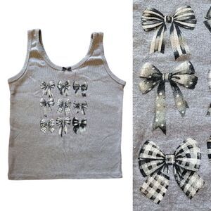 Obsessive Love Grey Black Printed Bows Scoop Neck Tank Top Large Coquette